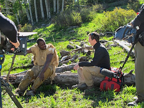 Stanford’s Grant Lipman, who served as medical director for the Discovery Channel show, “I, Caveman,” talks with a cast member. (Courtesy of Grant Lipman) 