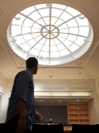 Everything old is new again. Renovation does more than extend the useful life of older buildings. It recaptures and highlights features that have been obscured over the years — like a skylight. Credit: Mike Cohea/Brown University 