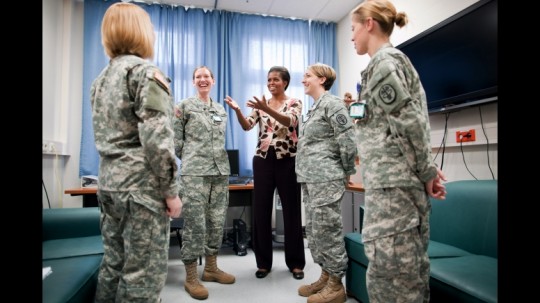 First Lady Michelle Obama talks with medical personnel before visiting Wounded Warriors at Landstuhl Regional Medical Center in Germany, Nov. 11, 2010. LRMC is the largest American hospital outside of the United States and one of only two active trauma centers in the Department of Defense. (Official White House Photo by Chuck Kennedy)