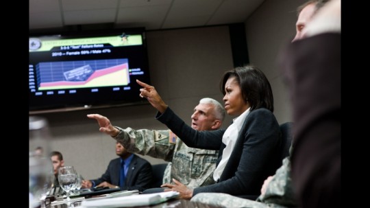First Lady Michelle Obama is briefed by Lt. Gen. Mark Hertling during a meeting with Army leadership to discuss the consequences of childhood obesity, poor nutrition, and lack of physical exercise on military readiness, at Fort Jackson Army Training Center in South Carolina, Jan. 27, 2011. (Official White House Photo by Samantha Appleton)