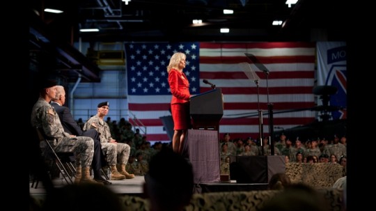 Dr. Jill Biden addresses soldiers and their families during a welcome home ceremony for the 10th Mountain Division’s 2nd Brigade Combat Team returning from Iraq, at Fort Drum, N.Y., July 28, 2010. “In my travels to military bases across our country and abroad,” Dr. Biden said, “I have been truly overwhelmed by the courage of our men and women in uniform and inspired by the dignity and the sense of patriotism that our military families exhibit every day.” (Official White House Photo by David Lienemann)