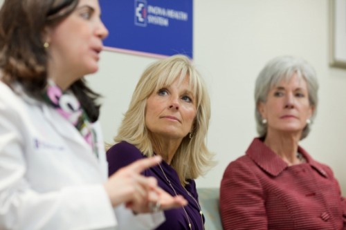 Dr. Jill Biden Secretary of Health and Human Services Kathleen Sebelius participate in a discussion on breast cancer prevention at the Inova Breast Care Center in Alexandria, Va., Oct. 3, 2011. (