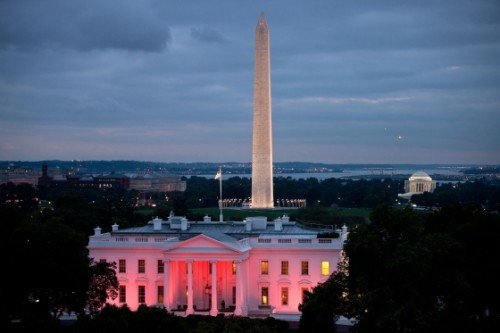 The North Portico exterior of the White House is illuminated pink, Oct. 3, 2011, in honor of Breast Cancer Awareness Month.