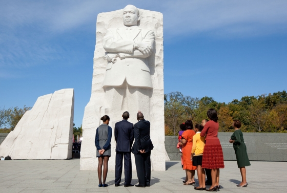President Barack Obama, First Lady Michelle Obama, daughters Sasha and Malia, and Marian Robinson tour the Martin Luther King Jr. National Memorial before the dedication ceremony in Washington, D.C., Sunday, Oct. 16, 2011. (Official White House Photo by Chuck Kennedy)