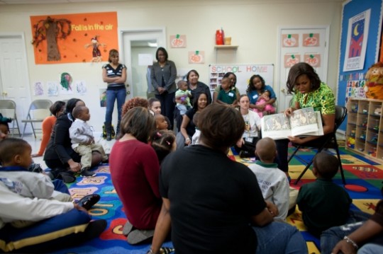 First Lady Michelle Obama reads "Where the Wild Things Are" to children at the Royal Castle Child Development Center in New Orleans, La., Nov. 1, 2011. Mrs. Obama's visit was part of her "Let’s Move!" initiative to highlight the importance of building healthy habits at a very young age. (Official White House Photo by Lawrence Jackson)